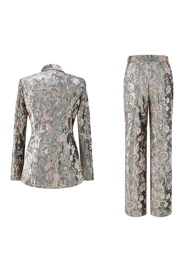 Sparkly Grey 2 Piece Floral Peak Lapel Women Prom Suit